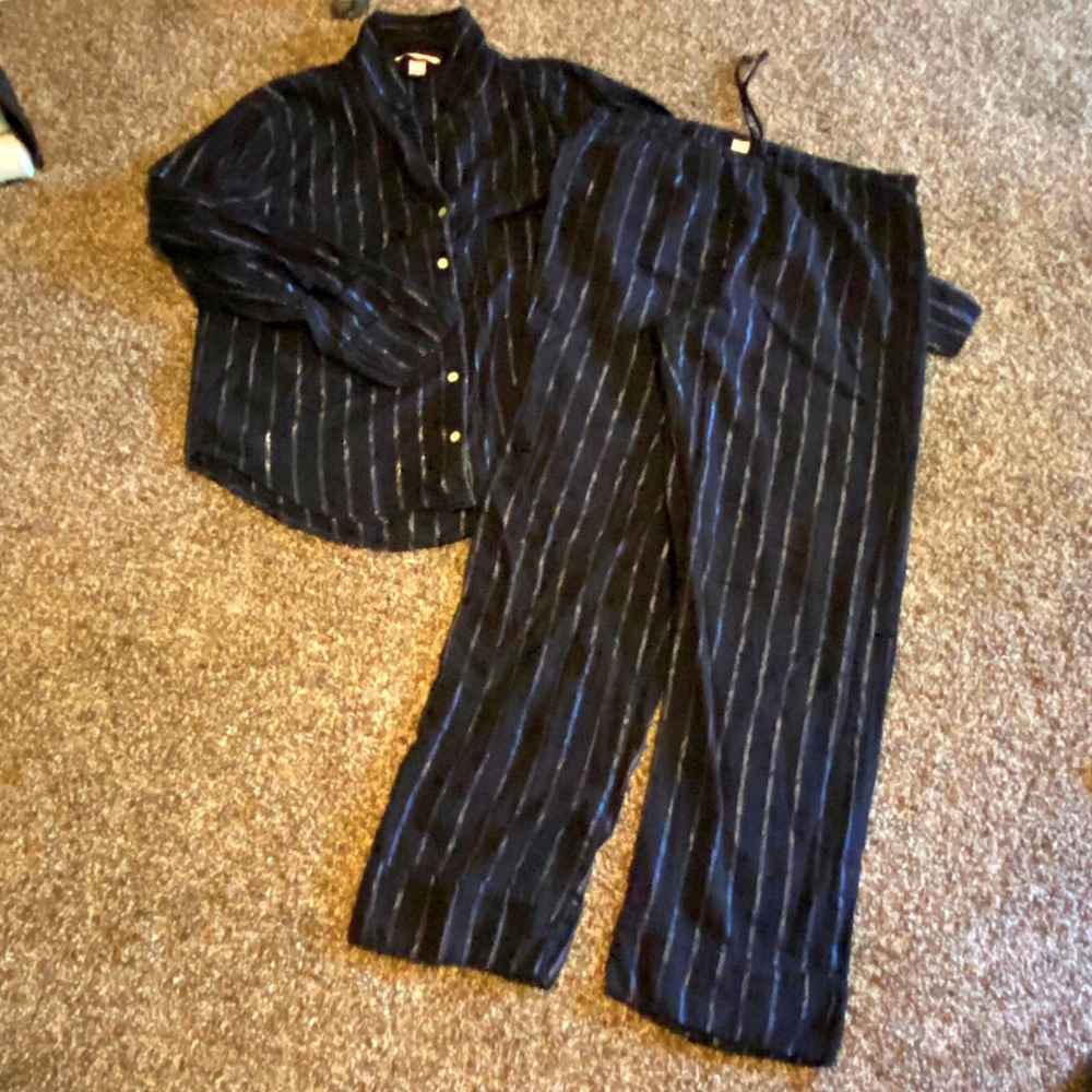 Victoria's Secret Pajama Set Glamour Lurex Stripe Women Large Black Silver PJ